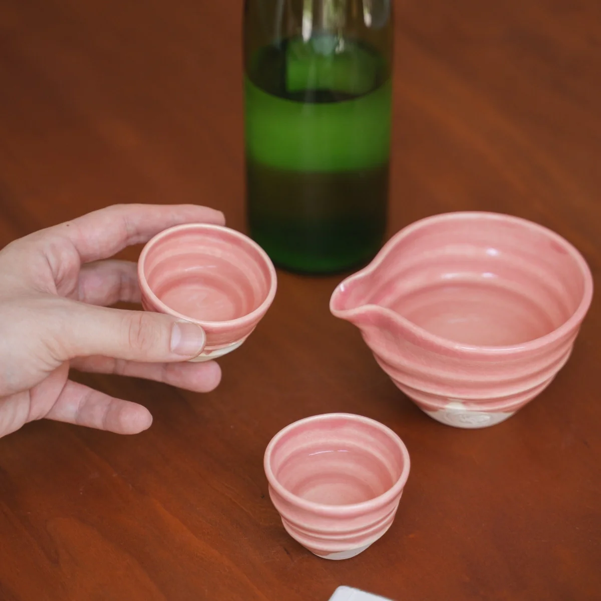 Japanese Sake Set "Omuro Cherry" - Katakuchi Carafe & 2 Cups - Image 3