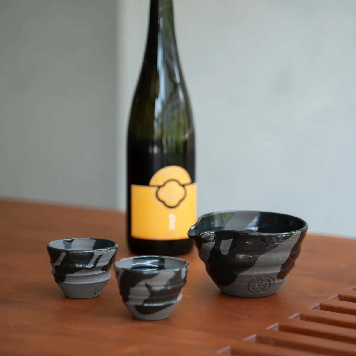 Japanese Sake Set "Sumi Black" - Katakuchi Carafe & 2 Cups - Image 2